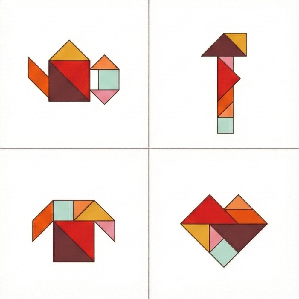 Figuras tangram objetos do quotidiano: vela, camisa, casa