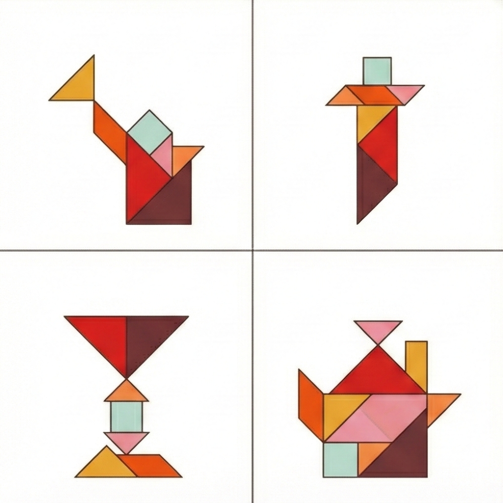 Soluções tangram objetos: bule, taças e ferramentas