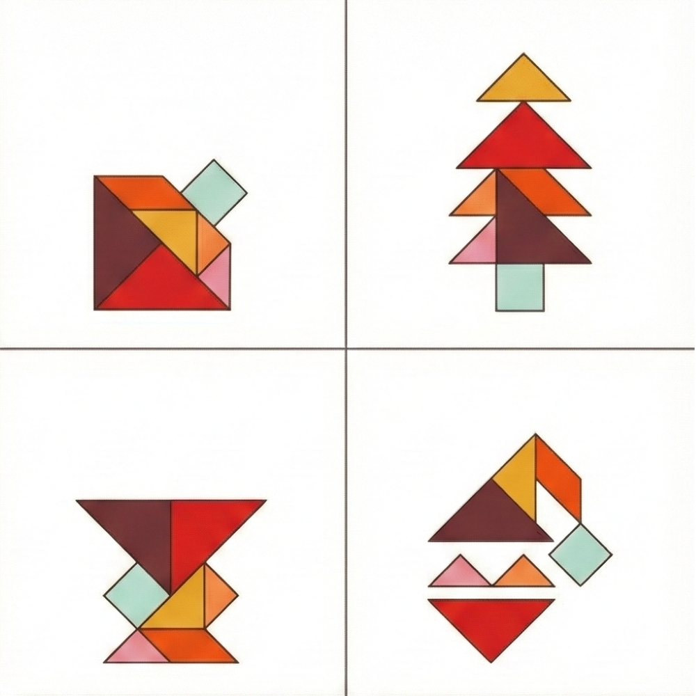 Formas de tangram objetos vários martelo e jarra